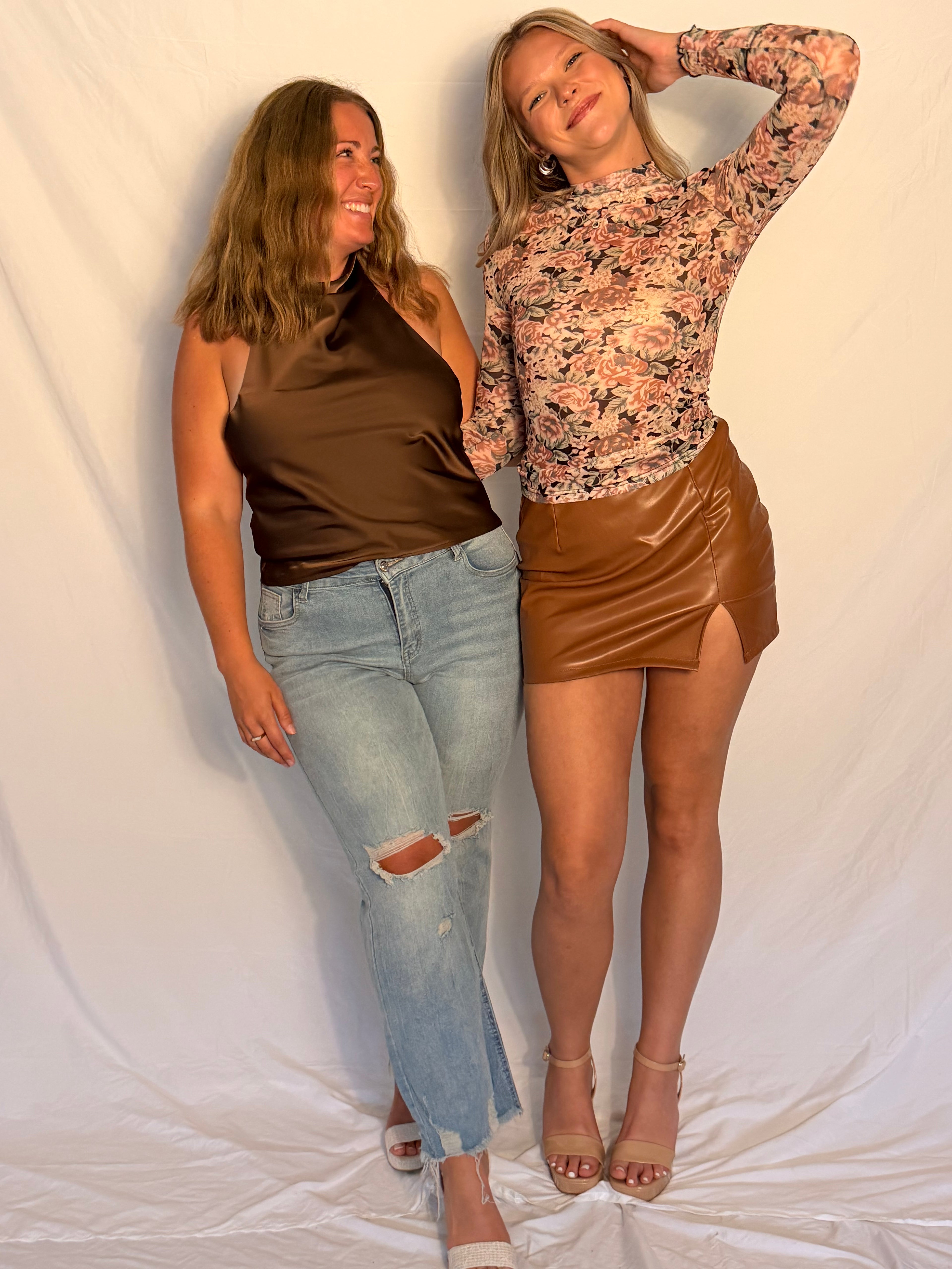 Brown Silk Satin Textured Temperament Halter Neck Top