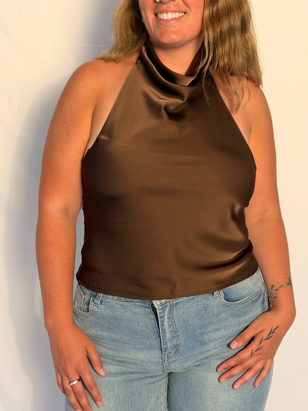 Brown Silk Satin Textured Temperament Halter Neck Top