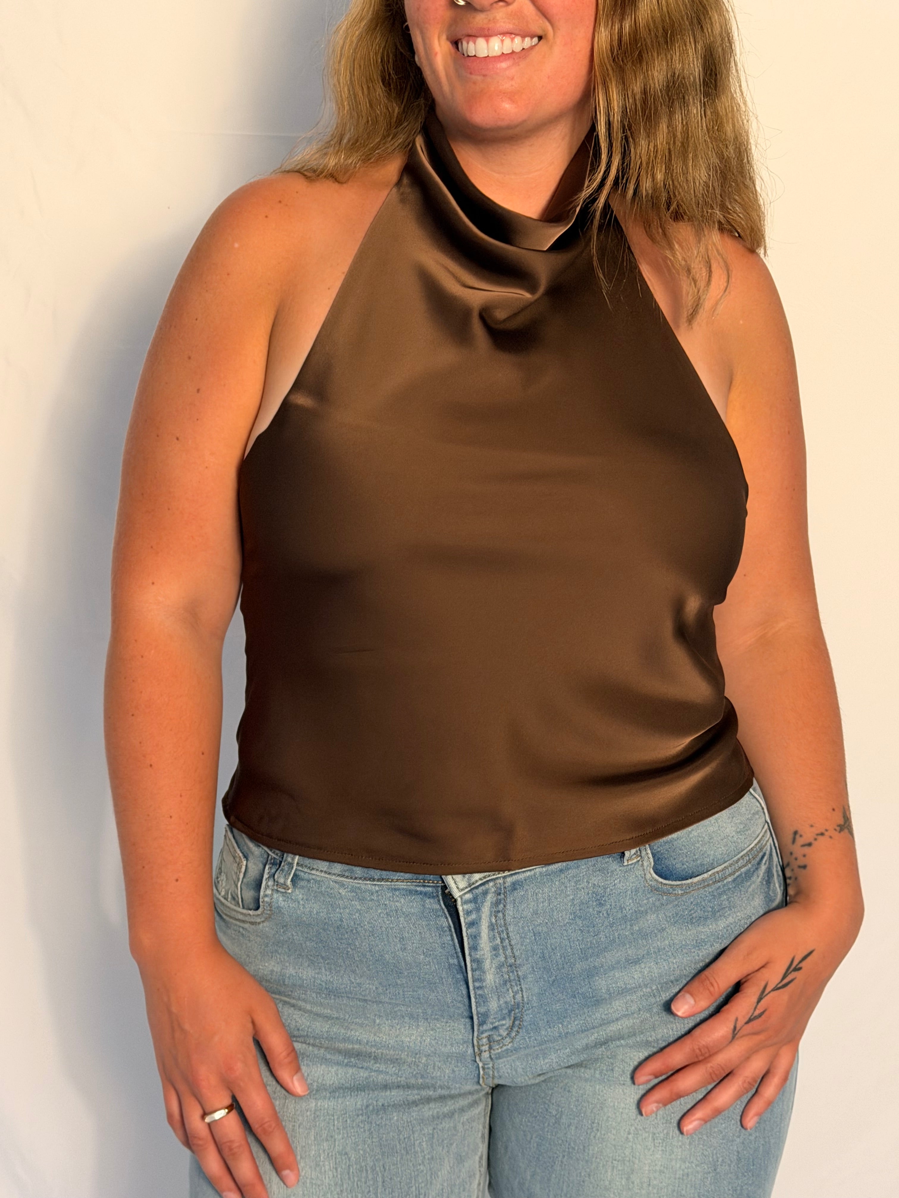 Brown Silk Satin Textured Temperament Halter Neck Top